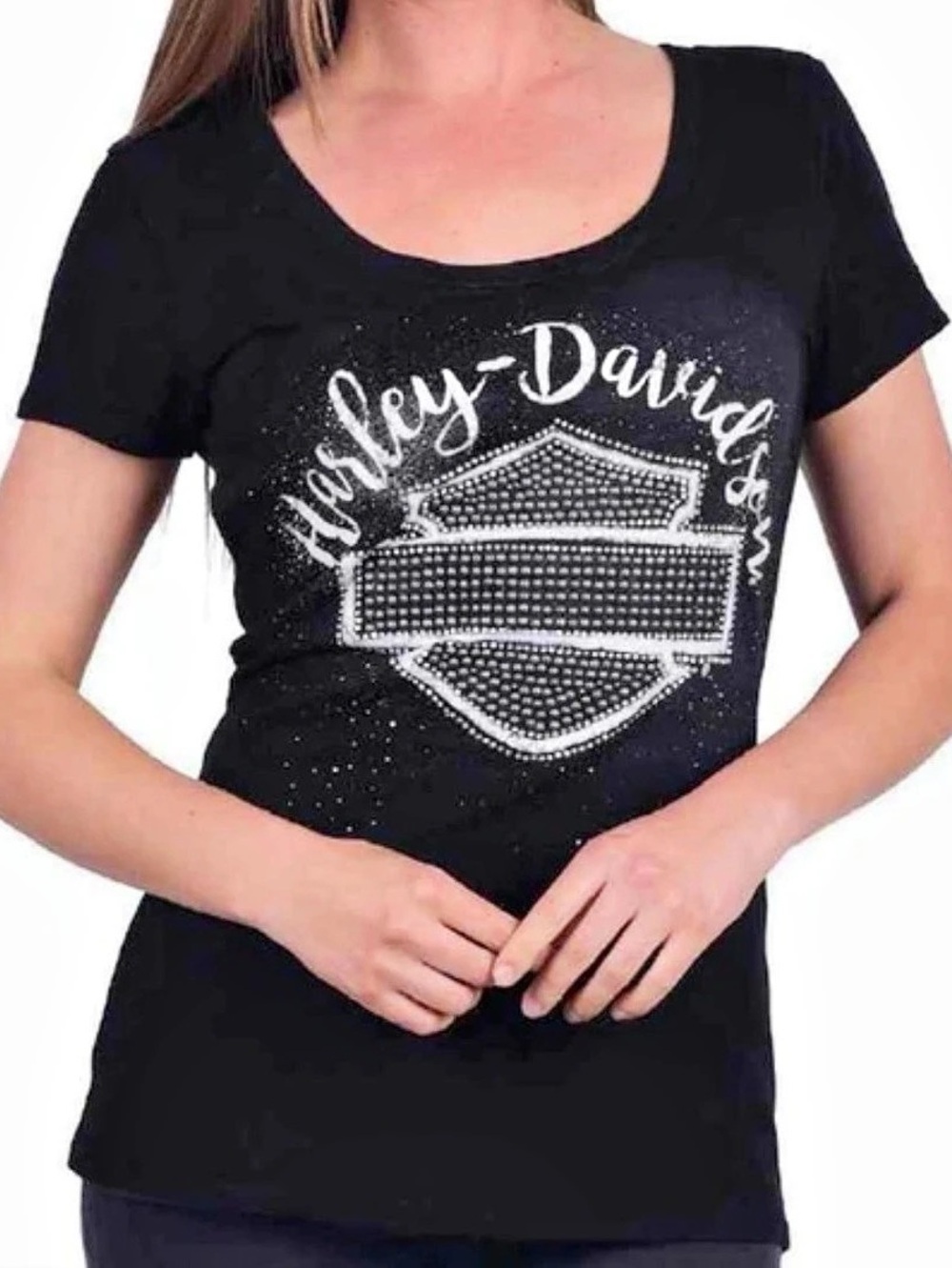 Harley-Davidson Daytona Rhinestone Bling Graphic Tee Scoop Neck Black L